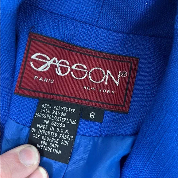 Vintage 80s women’s Sasson Blue 3/4 sleeve padded shoulder Blazer size 6 - Picture 3 of 9